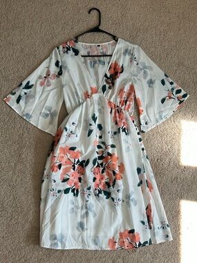 White Floral Dress with Coral and Blue Blooms